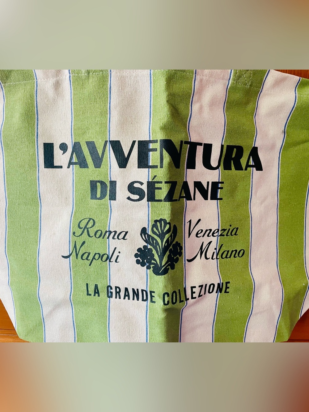 Sezane Green & White Striped Canvas Tote